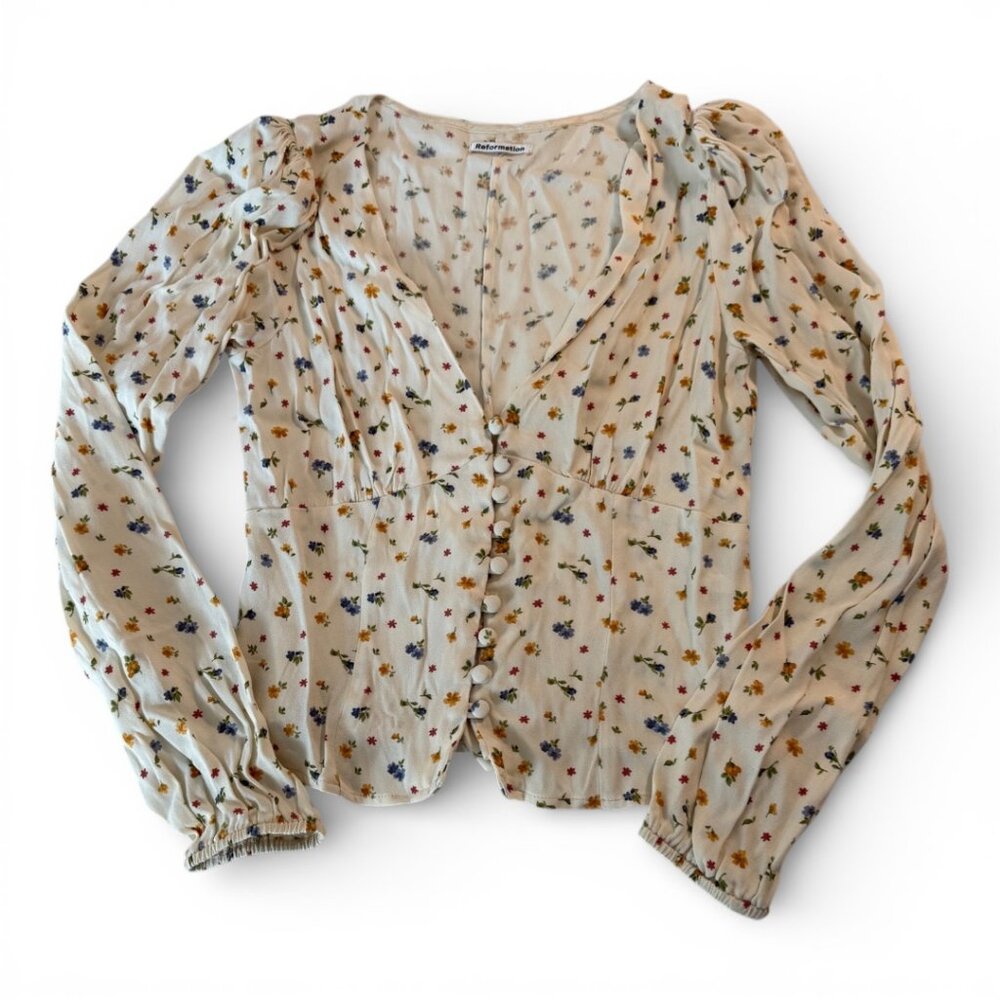 Reformation Nell Floral Print Blouse White Long Sleeve Tie Front Top Size Small - Picture 5 of 12